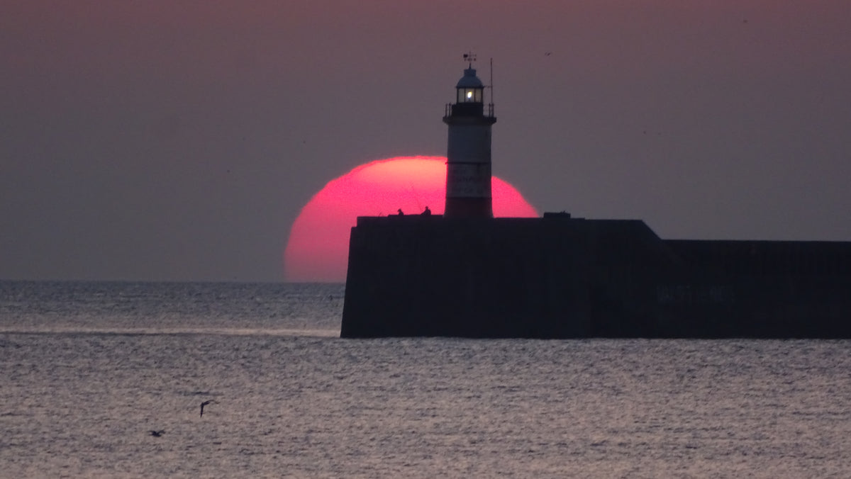 Lighthouse silhouetted against a vivid pink sunset over the Sussex coast – original coastal photograph by Sharon Maskery